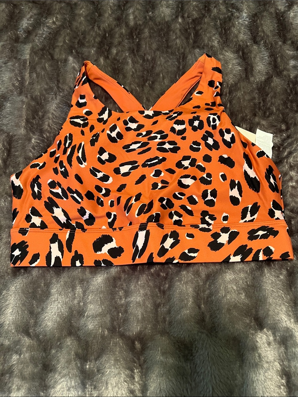 Fabletics Orange Leopard No-Bounce Sports Bra, size Medium